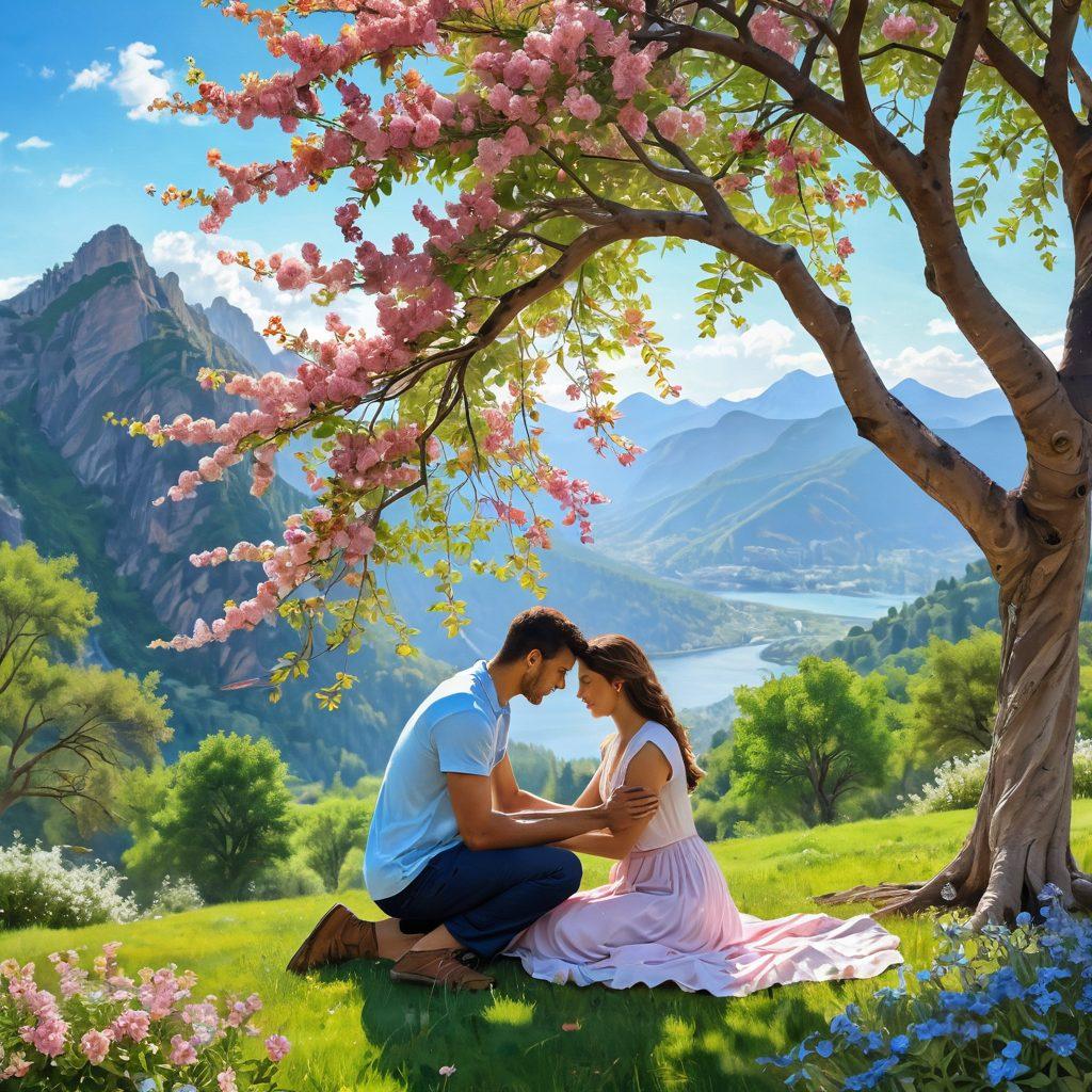 A serene scene showcasing a couple embracing under a blooming tree, surrounded by lush greenery and colorful flowers. They are planting a sapling together, symbolizing growth and nurturing both love and the environment. Warm sunlight filters through the leaves, creating a magical ambiance. The background features a vibrant landscape of mountains and a clear blue sky. soft pastel colors. romantic atmosphere. nature-inspired.