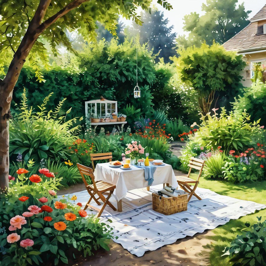 A lush green garden filled with vibrant flowers and plants, symbolizing eco-friendliness and romance. A couple tending to the garden together, smiling and sharing a moment of affection amidst nature. Soft sunlight filtering through the leaves, creating a warm and inviting atmosphere with butterflies fluttering around. Incorporate elements like reusable items, organic produce, and a cozy picnic setup. watercolor painting. soft colors. warm lighting.
